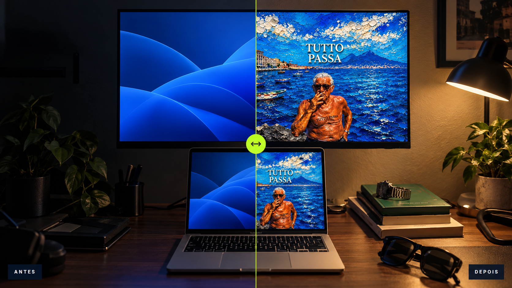 Comparação de uma estação de trabalho com monitor e notebook: à esquerda, wallpaper azul comum; à direita, arte Tutto Passa em tons de azul e dourado.