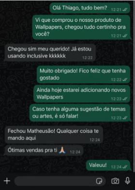 Feedback no WhatsApp: Thiago confirma que recebeu os wallpapers e já está usando.