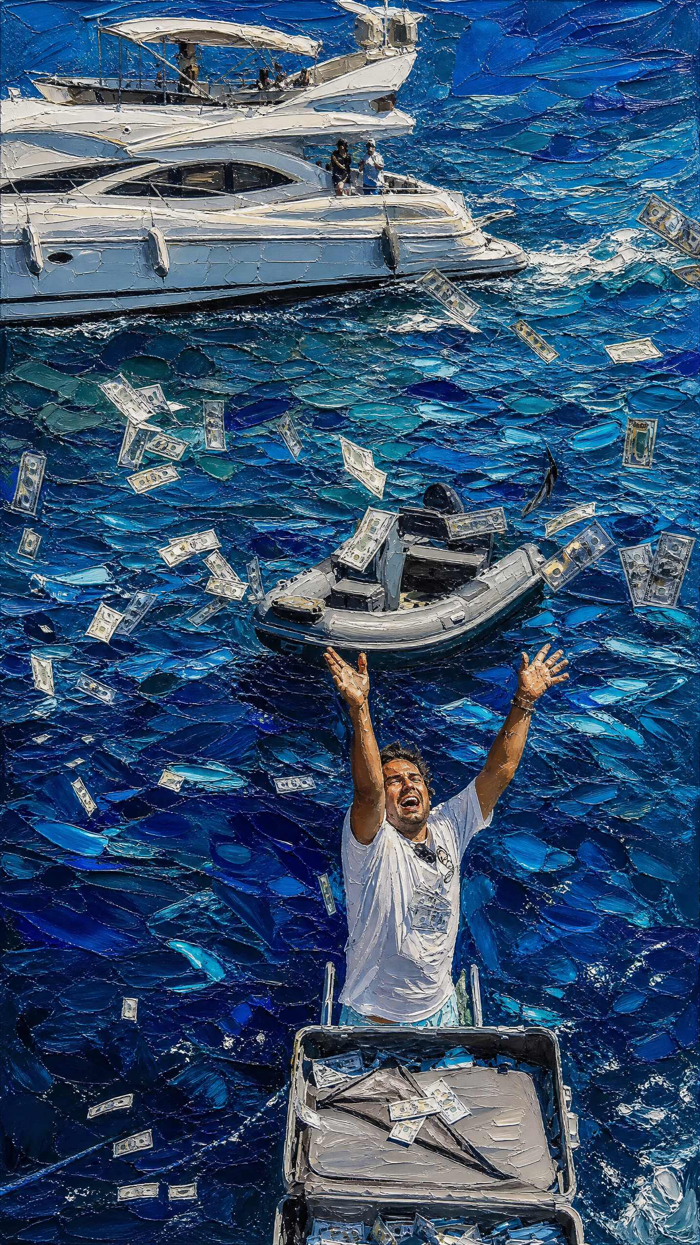 Homem lançando notas ao ar entre barcos no mar azul