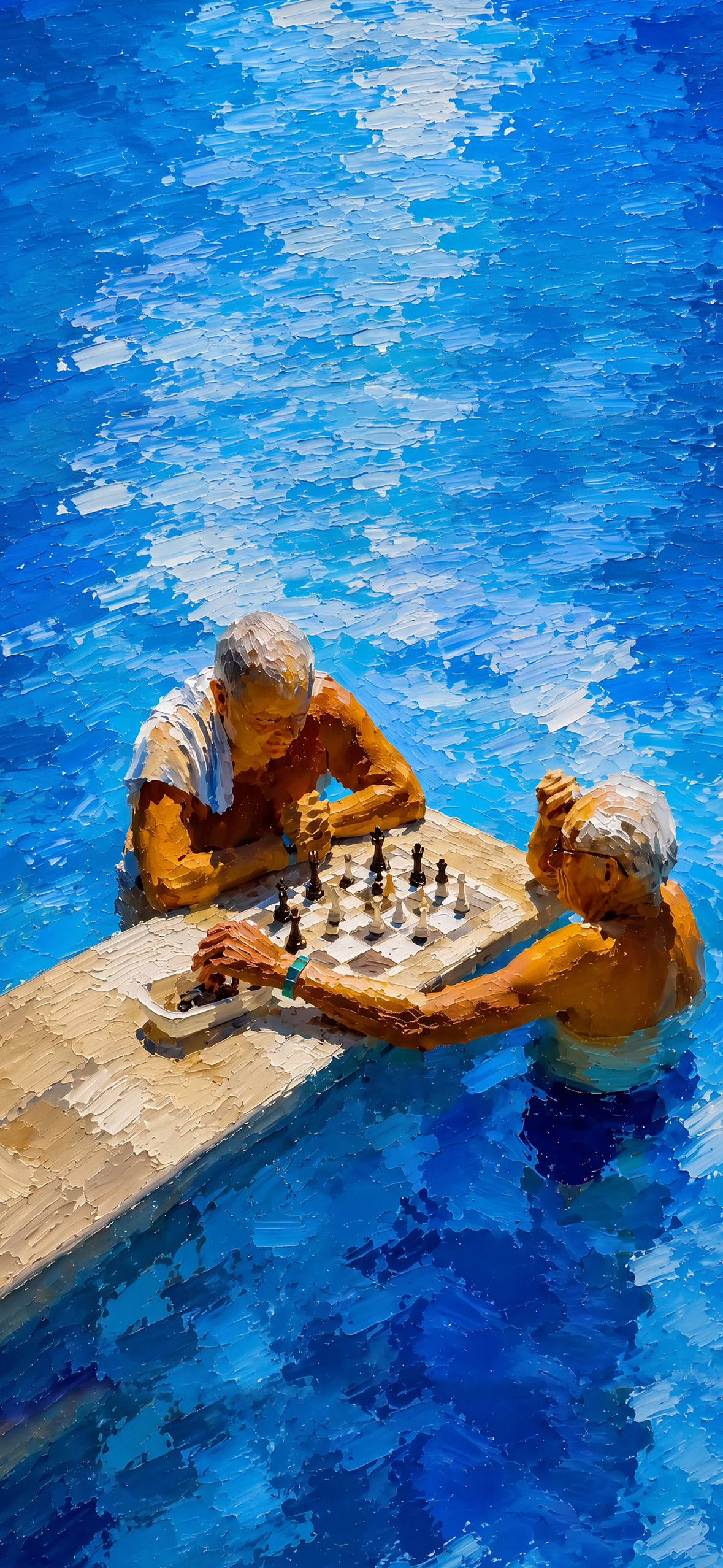 Dois homens jogando xadrez em uma piscina azul