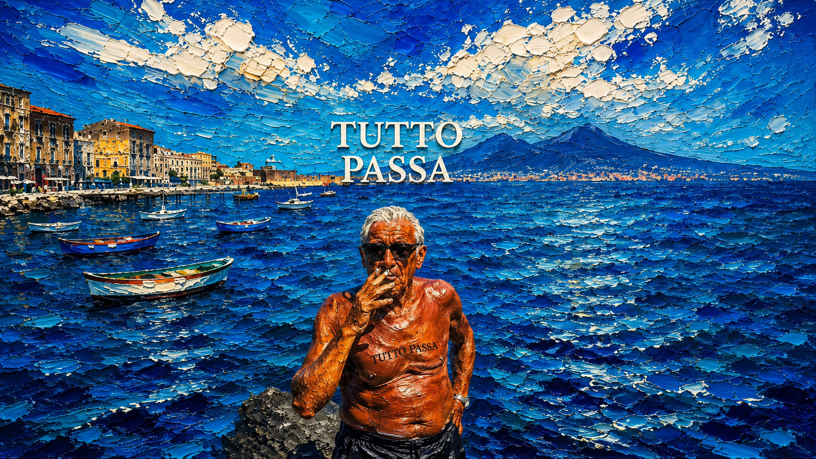 Homem à beira-mar na costa italiana com a frase Tutto Passa