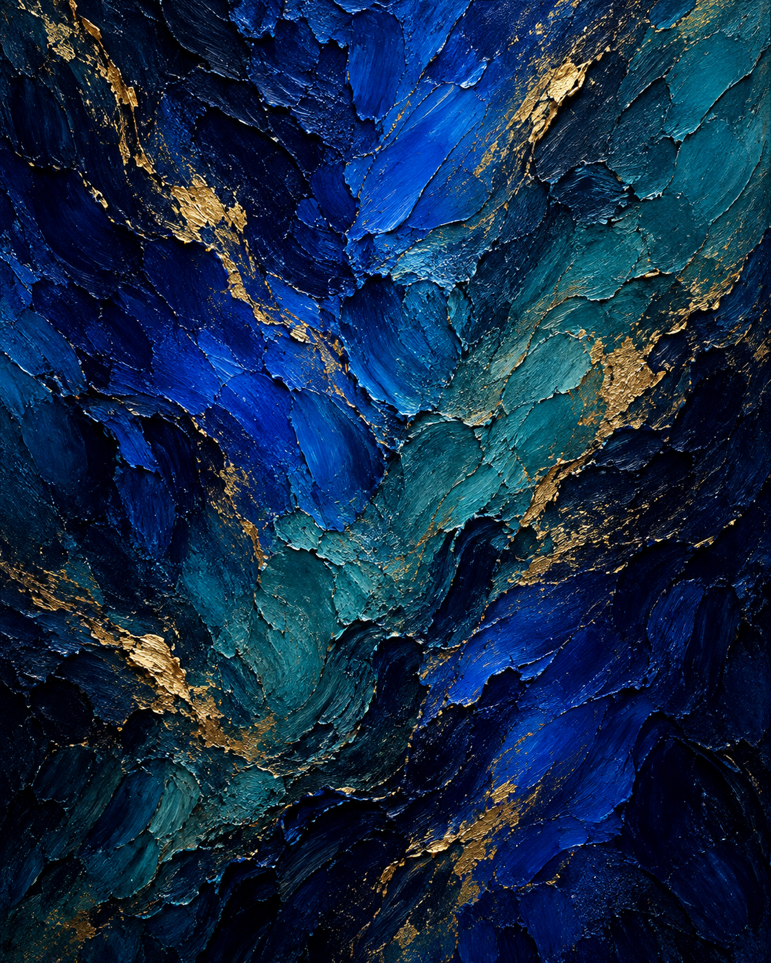 Pintura abstrata com pinceladas espessas em azul, verde-petróleo e detalhes dourados